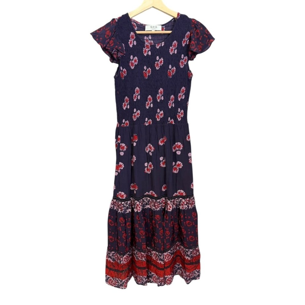 Sea New York Floral Tiered Midi Dress‎ Navy 2 Cottagecore Smocked Romantic